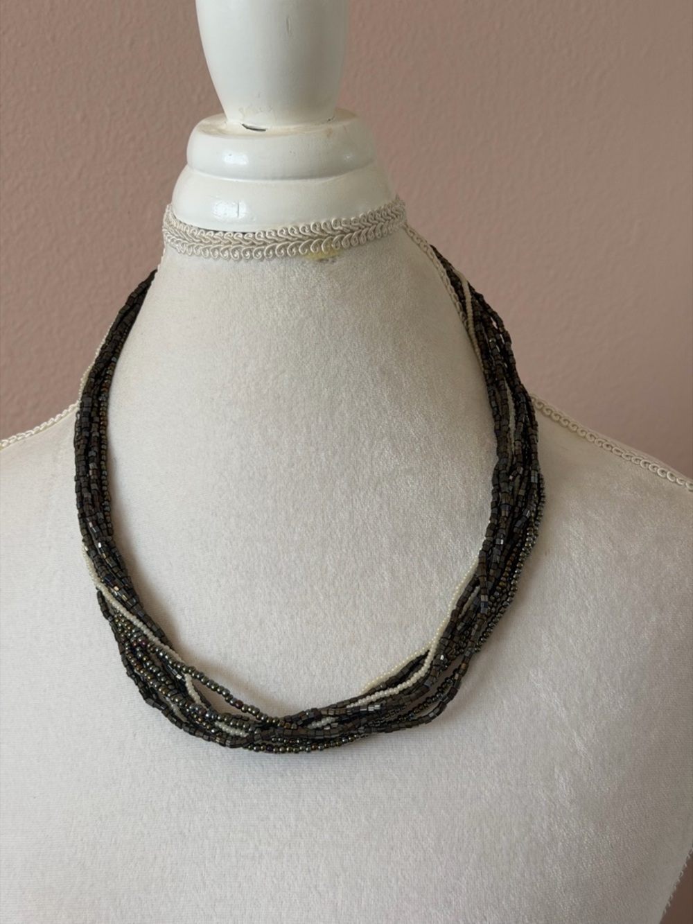 Vintage Multi-Strand Seed Bead Statement Necklace - Earthy Metallic & Cream